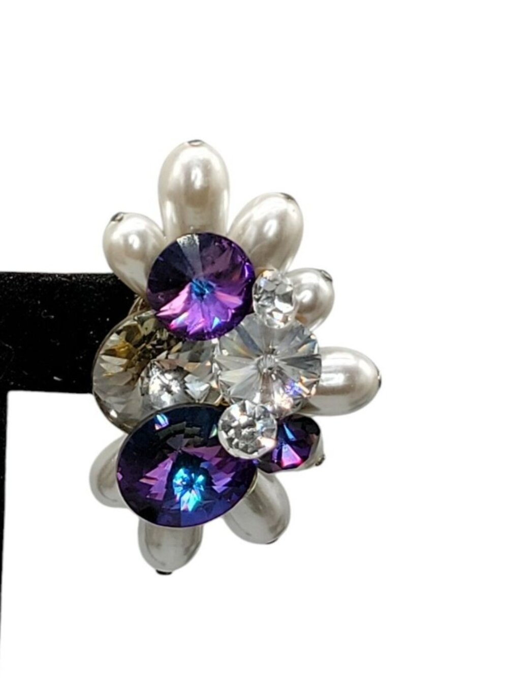 Vtg 1960s Cluster Clip On Earrings Purple Rivoli Rhinestone Faux Baroque Pearl - Picture 16 of 16